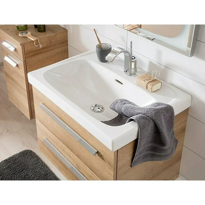 Lanzet K1 Einbauwaschbecken - 61 x 46 cm, Weiß - Helles Badezimmer-Waschbecken mit Holzunterschrank, Armatur, Handtuch und Seife für die tägliche Hygiene im Bad.