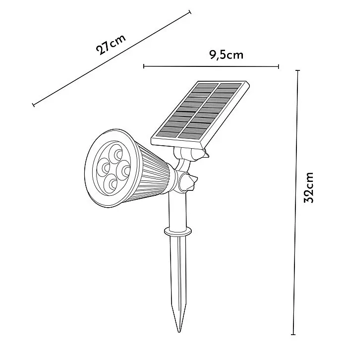 Arte confort Foco solar Corvus - 2 W, L x An x Al: 27 x 9,5 x 32 cm, Negro - Dibujo lineal de un foco solar de jardín con estaca y panel solar ajustable. Medidas: 27cm largo, 9,5cm ancho, 32cm alto.