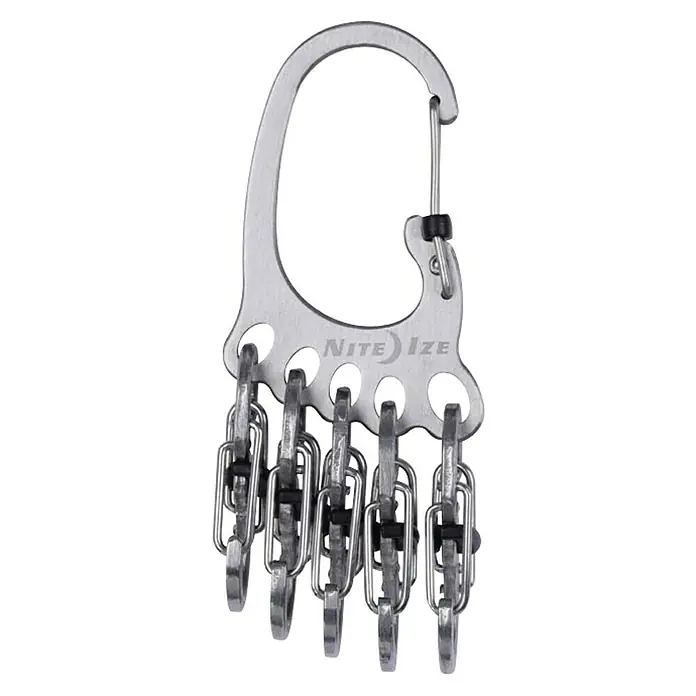 Nite Ize Mosquetón BigFoot Locker KeyRack - L x An: 140 x 20 mm, Acero inoxidable - Llavero mosquetón Nite Ize plateado con cinco mini mosquetones separados para llaves u objetos pequeños.