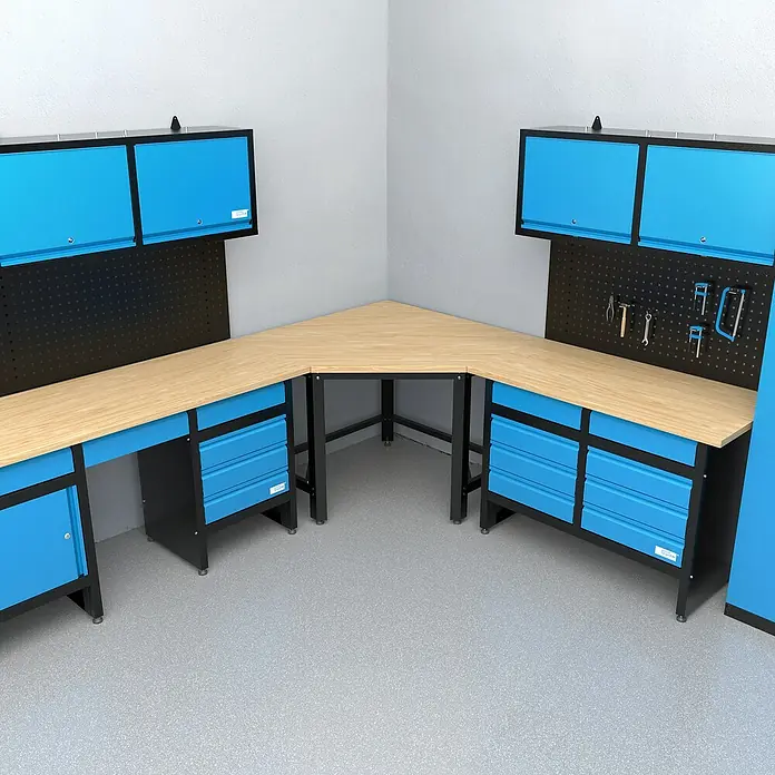 Güde Werkbank Eckmodul GW600E - L x B x H: 109,5 x 109,5 x 85 cm - Eckwerkbank mit blauen Schränken und Schubladen, ideal für Werkstatt oder Hobbyraum. Robuste Ausführung für den täglichen Gebrauch.