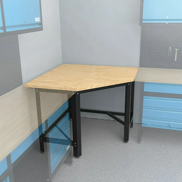 Güde Werkbank Eckmodul GW600E - L x B x H: 109,5 x 109,5 x 85 cm - Nahaufnahme eines Werkstatttisches mit Holzplatte und schwarzem Metallgestell, ideal für Heimwerkerarbeiten.