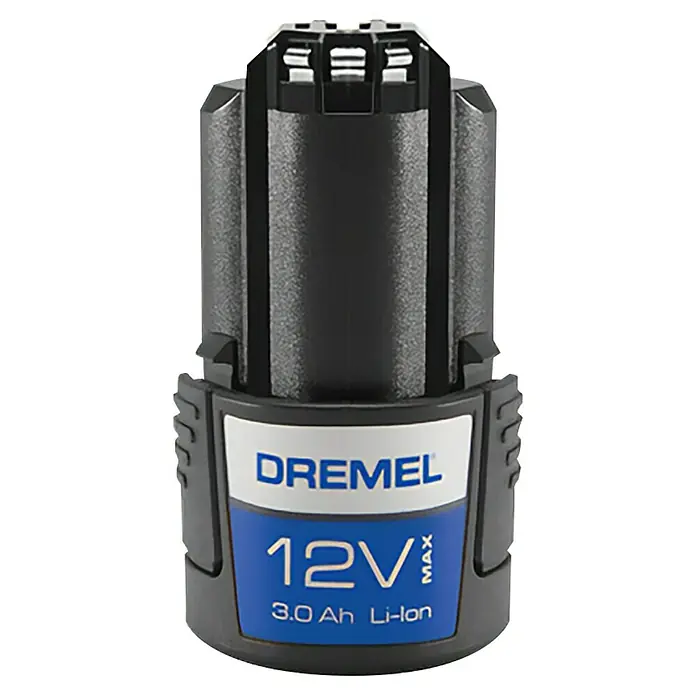 Dremel Batería 12V30-01 - 12 V, 3 Ah, Específico para: Multiherramienta de batería 8260 - Primer plano de una batería Dremel 12V Max 3.0 Ah Li-Ion.