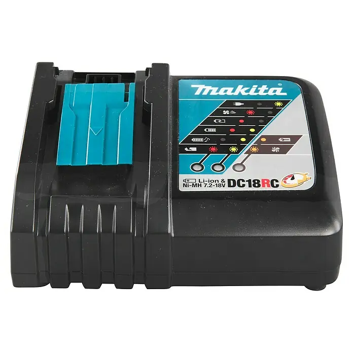 Makita LXT 18V Akku & Ladegerät Power Source Kit - 2 Akkus, 18 V, Li-Ionen, 3 Ah - Nahaufnahme eines Makita DC18RC Akku-Ladegeräts für Li-Ion- und Ni-MH-Akkus mit 7,2-18V, ideal für Elektrowerkzeuge.