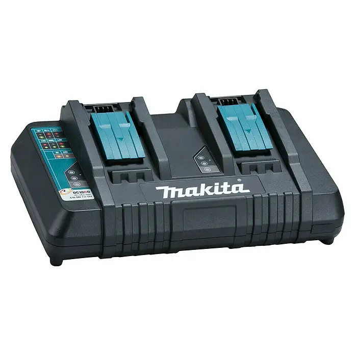 Makita LXT 18V Schnellladegerät DC18RD - Passend für: Makita Li-Ionen-Akkus 14,4 - 18 V (LXT-Akkusystem) - Das Bild zeigt ein Makita DC18RD Doppel-Ladegerät für Li-Ion- und Ni-MH-Akkus von 7,2 bis 18 V, das zwei Akkus gleichzeitig laden kann.