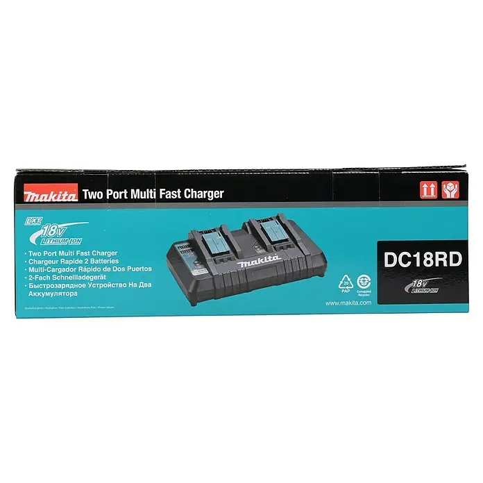 Makita LXT 18V Schnellladegerät DC18RD - Passend für: Makita Li-Ionen-Akkus 14,4 - 18 V (LXT-Akkusystem) - Abbildung des Makita DC18RD Doppelport-Schnellladegeräts, ein Werkzeug zum schnellen Aufladen von Lithium-Ionen-Akkus.