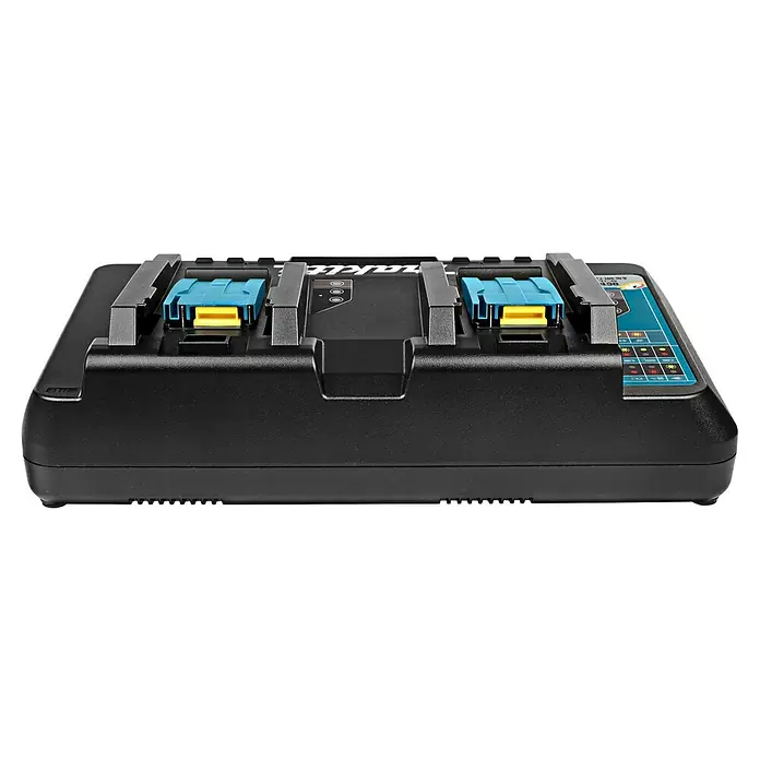 Makita LXT 18V Schnellladegerät DC18RD - Passend für: Makita Li-Ionen-Akkus 14,4 - 18 V (LXT-Akkusystem) - Ein schwarzes Makita Ladegerät für Akkus, das mit zwei blauen und gelben Batterieanschlüssen ausgestattet ist.