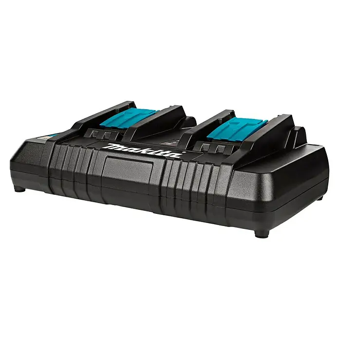 Makita LXT 18V Schnellladegerät DC18RD - Passend für: Makita Li-Ionen-Akkus 14,4 - 18 V (LXT-Akkusystem) - Bild einer Makita Doppel-Akkuladestation, ideal zum gleichzeitigen Aufladen von zwei Akkus für Ihre Elektrowerkzeuge.