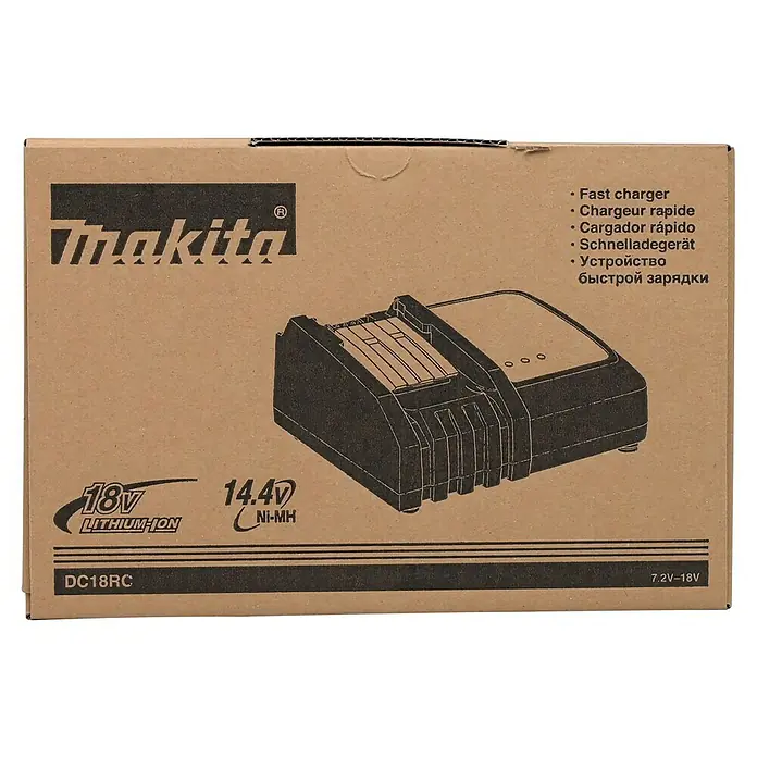Makita LXT 18V Batterie-Ladegerät DC18RC - Akkuspannung: 18 V - Das Bild zeigt die Verpackung eines Makita DC18RC Schnellladegeräts für 18V und 14.4V Lithium-Ionen-Akkus.