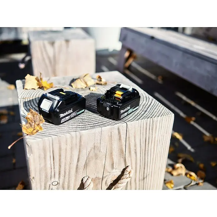 Makita LXT 18V Akku & Ladegerät Power Source Kit - 18 V, 2 Akkus, 5 Ah - Zwei Makita 18V 5.0Ah Akkus auf einem Holzblock, umgeben von Herbstlaub, für den Einsatz in kabellosen Elektrowerkzeugen.