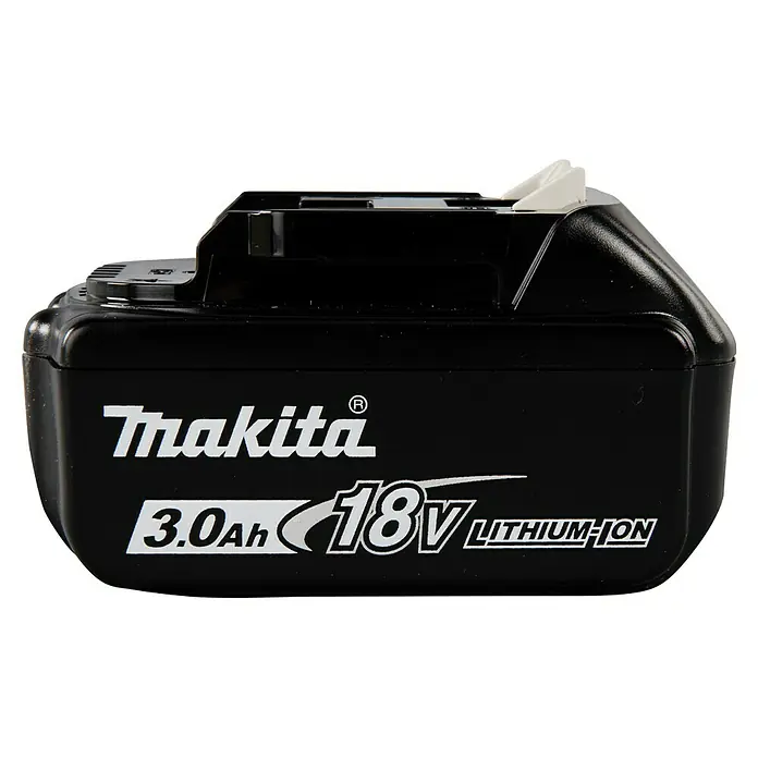 Makita LXT 18V Akku BL1830B18 V, 3 Ah - Nahaufnahme eines schwarzen Makita 3.0Ah 18V Lithium-Ionen-Akkus, der für Elektrowerkzeuge verwendet wird.