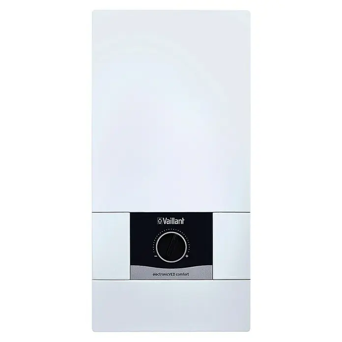 Vaillant Durchlauferhitzer VED E 21/8C COMFORT - 21 kW, Elektronisch, Geschlossen - Weißer Vaillant-Warmwasserbereiter mit Temperaturregler für elektronischen Komfort, ideale Lösung für effiziente Warmwasserbereitung.