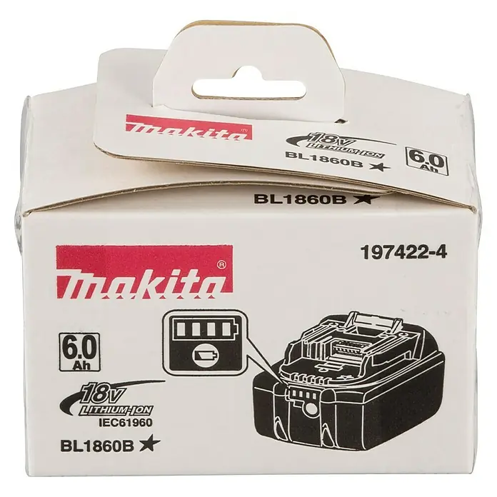 Makita LXT 18V Akku BL1860B - 18 V, 6 Ah - Ein Karton mit einem Makita BL1860B 6.0 Ah 18V Lithium-Ionen Akku, mit dem Makita Logo und der Artikelnummer 197422-4.