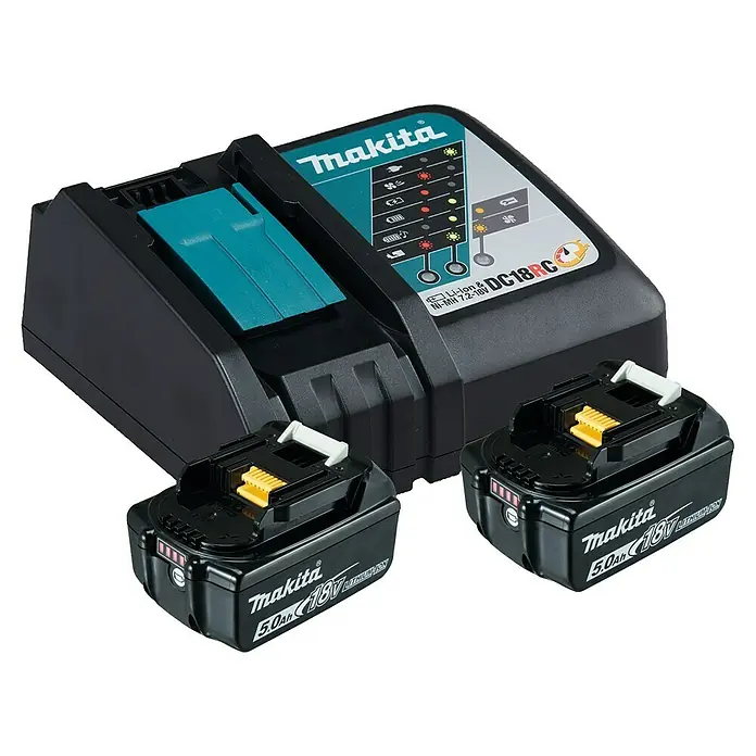 Makita LXT 18V Akku & Ladegerät Power Source Kit - 18 V, 2 Akkus, 5 Ah - Makita DC18RC Akku-Ladegerät mit zwei 18V 5.0Ah Akkus, ideal zum schnellen und effizienten Aufladen von Werkzeugakkus.