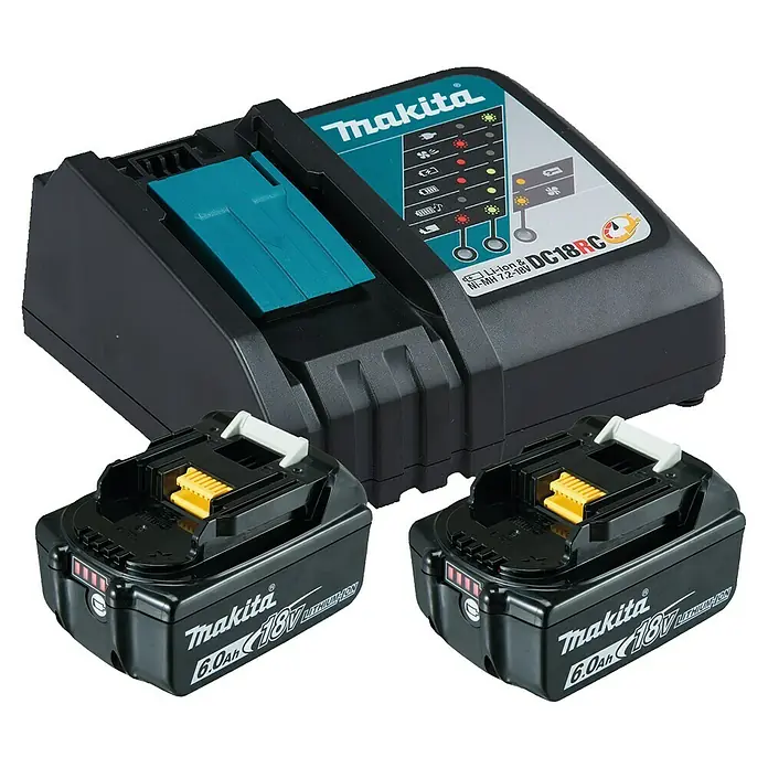 Makita LXT 18V Akku & Ladegerät Power Source Kit - 18 V, 2 Akkus, 6 Ah - Makita DC18RC Akku-Ladegerät mit zwei 18V 6.0Ah Lithium-Ionen-Akkus für schnelles und effizientes Laden.