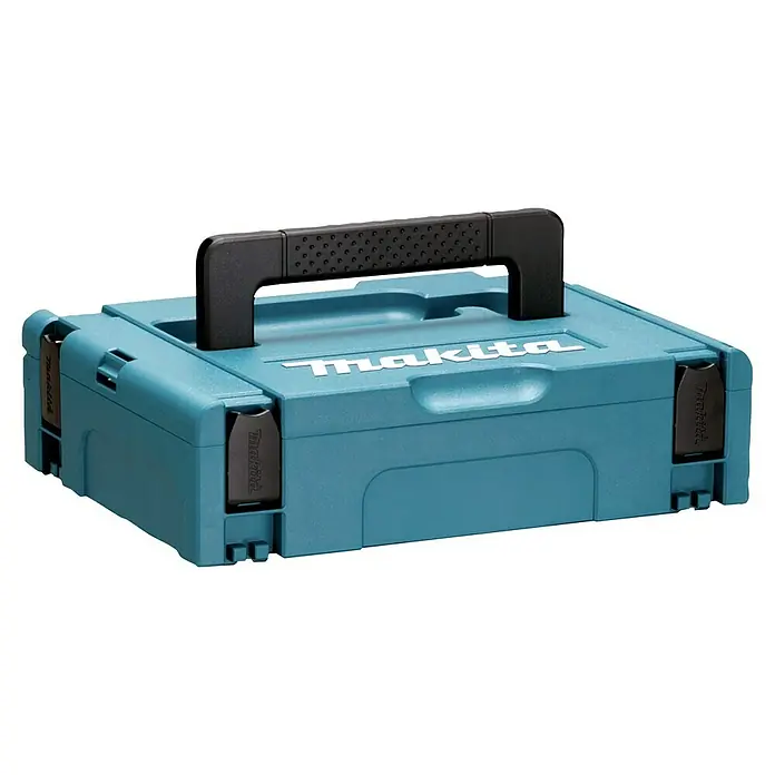 Makita LXT 18V Akku & Ladegerät Power Source Kit - 2 Akkus, 18 V, Li-Ionen, 3 Ah - Hellblaue Makita Werkzeugkiste mit schwarzem Tragegriff und schwarzen Verschlüssen für den sicheren Transport von Werkzeugen.