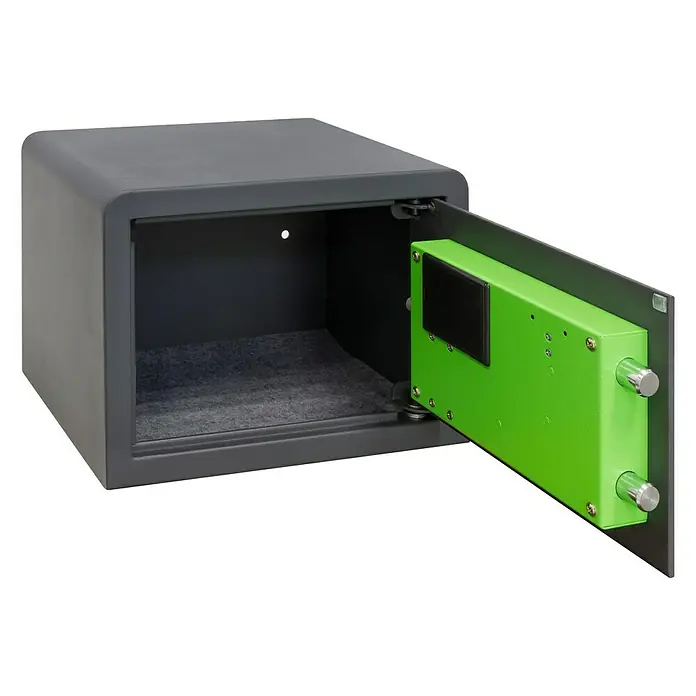 Arregui Caja fuerte Supra 240220 - L x An x Al: 35 x 25 x 25 cm, Códigos de usuario, 16 l - Caja fuerte gris abierta con mecanismo de bloqueo verde y fondo de fieltro gris, que brinda seguridad y protección para objetos de valor.