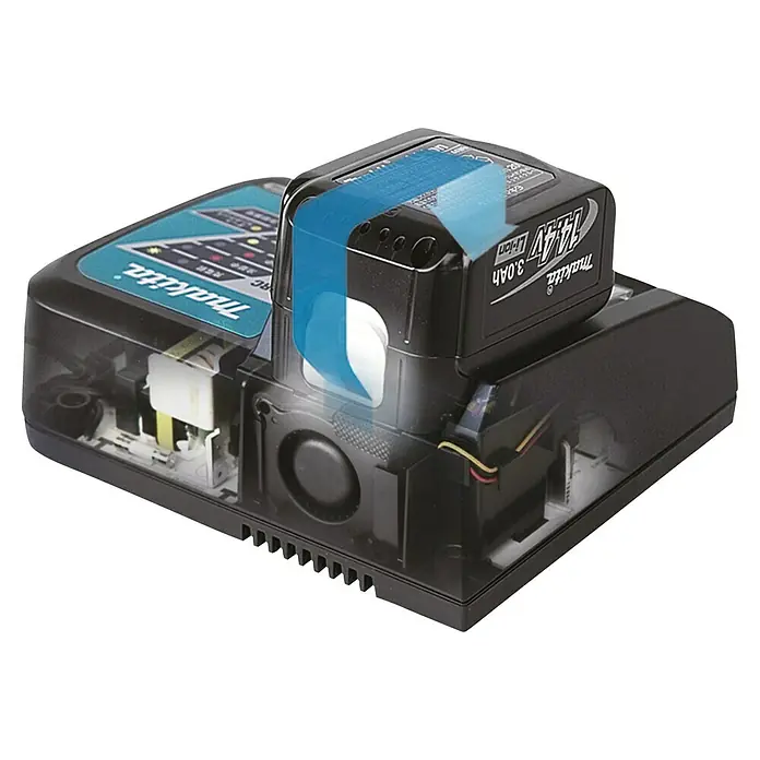 Makita LXT 18V Batterie-Ladegerät DC18RC - Akkuspannung: 18 V - Makita DC18RC Schnellladegerät mit eingesetztem Akku, durchsichtiges Gehäuse zeigt das Innenleben und den Luftstrom.