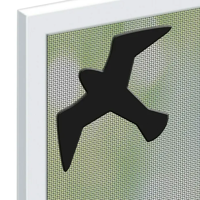 Schellenberg Insect System Kit de reparación Magnetic - 2 ud. - Primer plano de un marco de ventana blanco con una mosquitera y una silueta de pájaro negro, mostrando un elemento de diseño elegante y funcional.