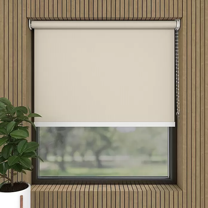 Expo Ambiente Verdunkelungsrollo Mila - B x H: 60 x 190 cm, Beige - Cremefarbener Stoffrollladen in Holzlamellen-Fensterumrandung, für Sicht- und Lichtschutz.