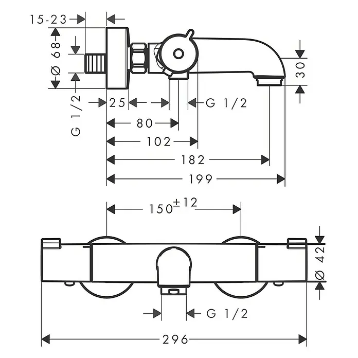 Hansgrohe Grifo termostático de bañera MyFox - Cromo - Imagen del producto con dimensiones para un grifo, incluyendo varias medidas y detalles de instalación.