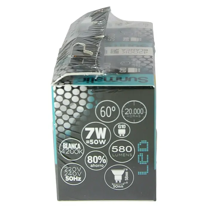 Sunmatic Bombilla LED - GU10, No regulable, Blanco neutro, 580 lm, 7 W - Detalle del embalaje de una bombilla LED Sunmatic, mostrando 7W de potencia, 580 lúmenes y temperatura de color de 4200K.