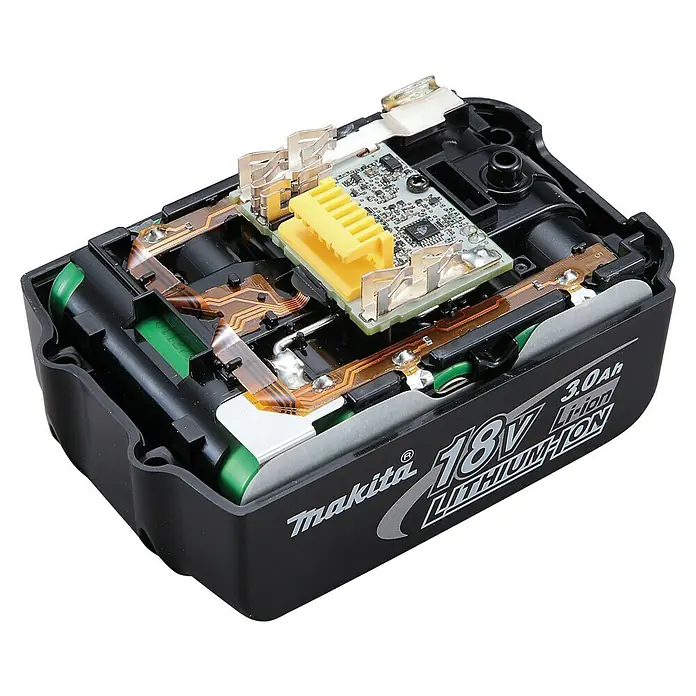 Makita LXT 18V Akku BL1830B - 18 V, 3 Ah - Innenansicht eines Makita 18V Lithium-Ionen Akkus mit 3.0Ah, der die interne Struktur und Komponenten zeigt.
