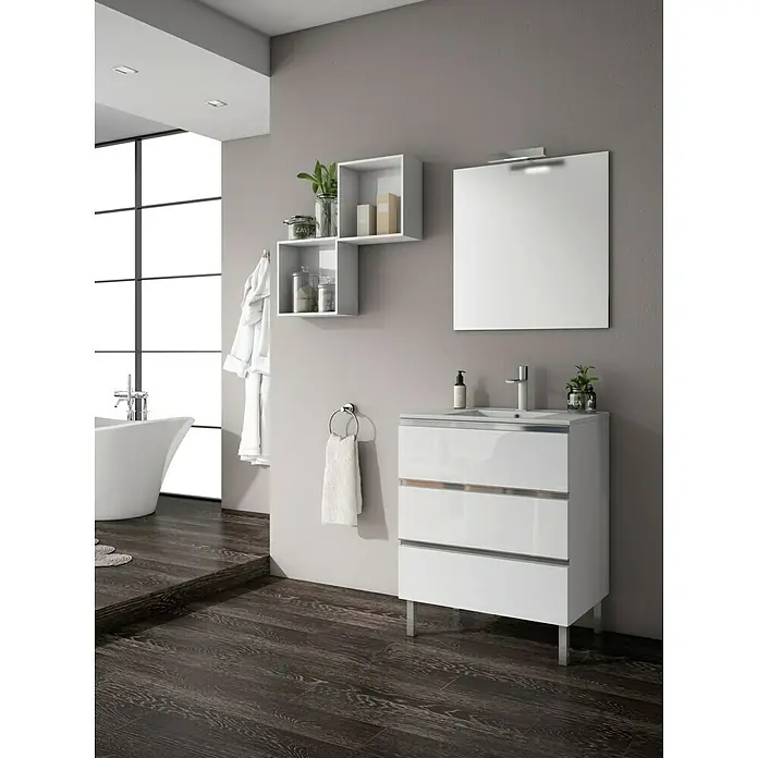 Mueble bajo de lavabo Andrea - L x An x Al: 45 x 70 x 69 cm, Blanco - Un baño moderno con un tocador blanco de tres cajones, un espejo y estantes blancos en la pared.