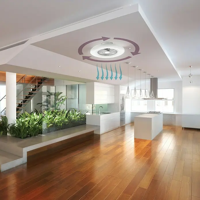 Ventilador de techo inteligente Muvit - Blanco, 60 cm, 20 W - 40 W, Blanco neutro - Ventilador de techo en un salón moderno con suelo de madera. El ventilador garantiza una agradable circulación del aire.