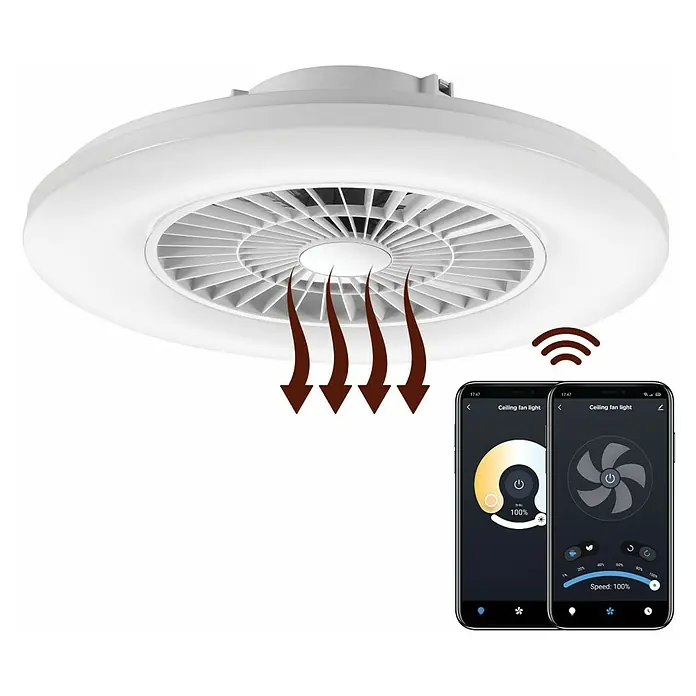 Ventilador de techo inteligente Muvit - Blanco, 60 cm, 20 W - 40 W, Blanco neutro - Una moderna lámpara de ventilador de techo redonda con control de aplicación para la iluminación y la velocidad del ventilador.