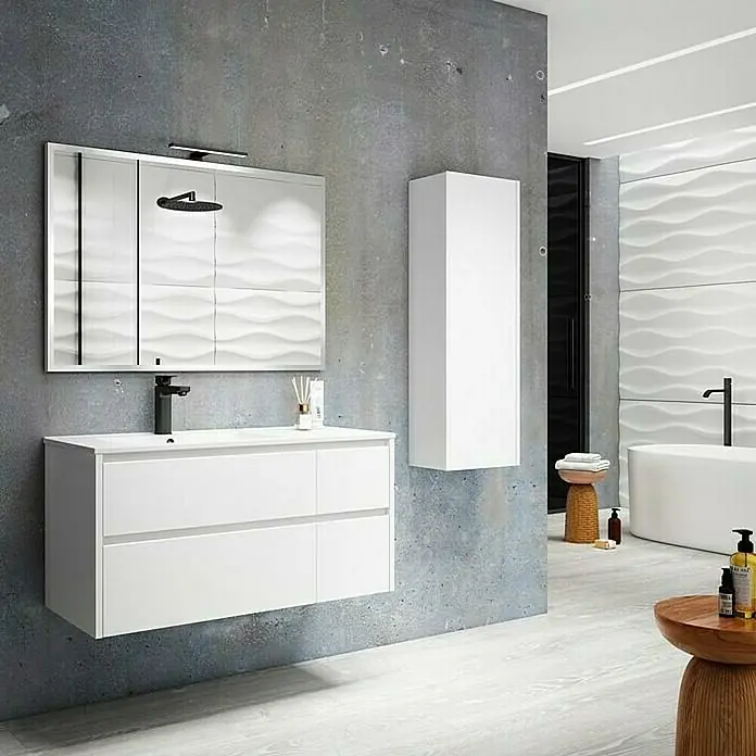 Mueble bajo de lavabo Rose izquierda - An x Pr x Al: 120 x 45 x 50 cm, Blanco - Elegante interior de baño con un moderno mueble de lavabo blanco suspendido y un armario con espejo a juego encima.