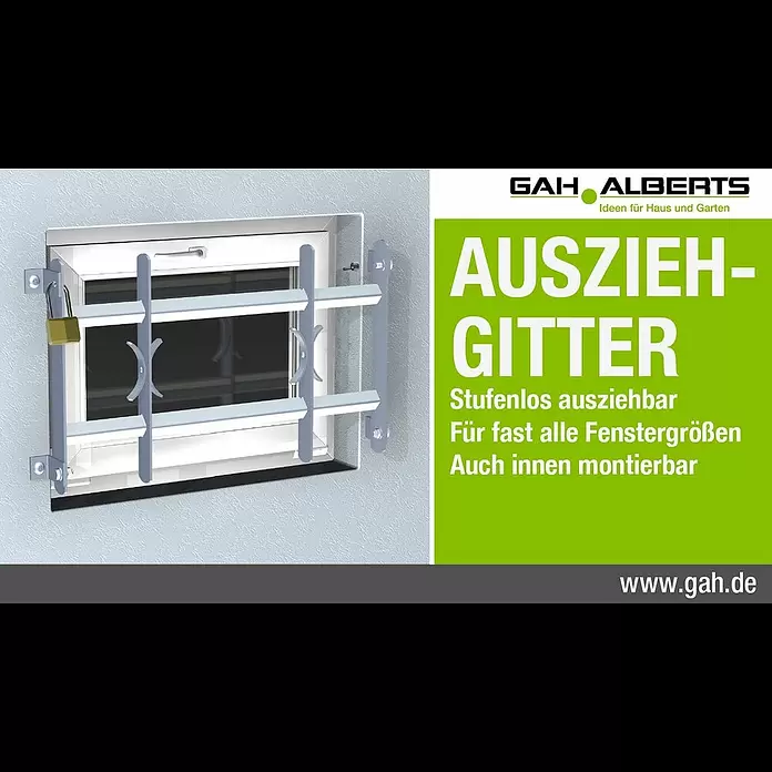 Stabilit Fenstergitter - Höhe: 600 mm, Auszugslänge: 50 cm - 65 cm, Fensterlaibungsmontage - GAH-Alberts: Ausziehgitter für Kellerfenster im Innenraum