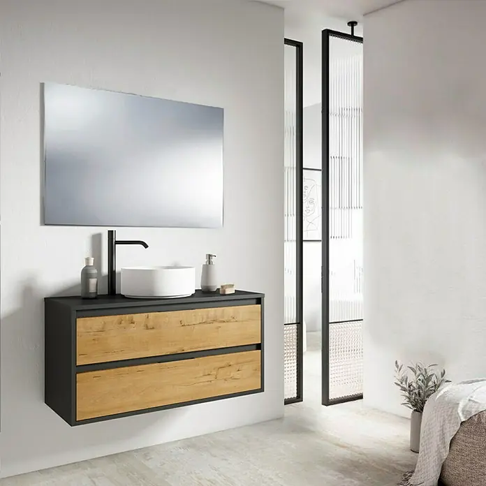 Conjunto de mueble de baño Arlet - Ancho total del mueble de baño: 100 cm, Negro/Nogal, 4 pzs. - Tocador de baño moderno con dos cajones con aspecto de madera y marco negro, coronado por un espejo.