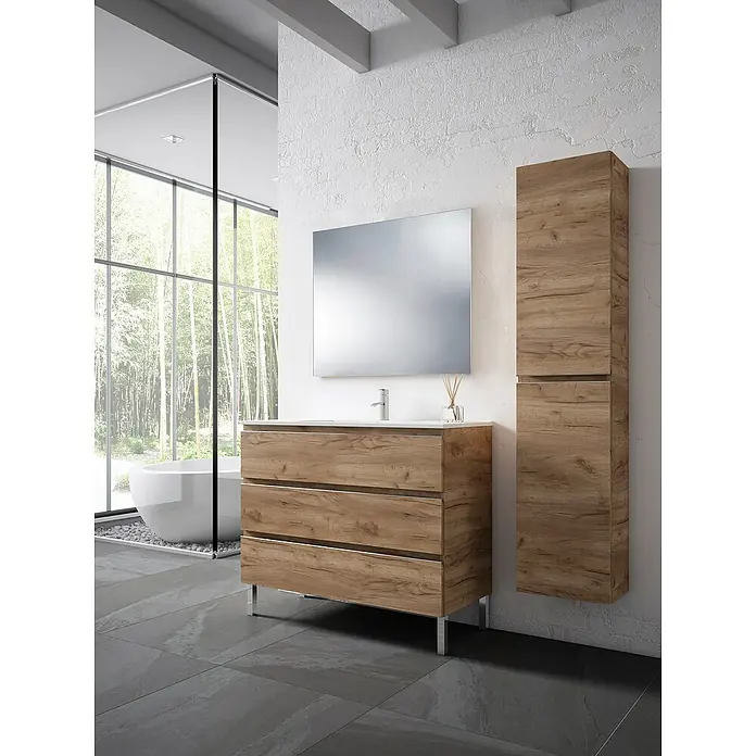Conjunto de mueble de baño Celia - Ancho: 100 cm, Tabaco, 3 pzs. - Moderno conjunto de baño con mueble de lavabo, espejo y columna auxiliar en acabado madera. Diseño elegante para tu baño.