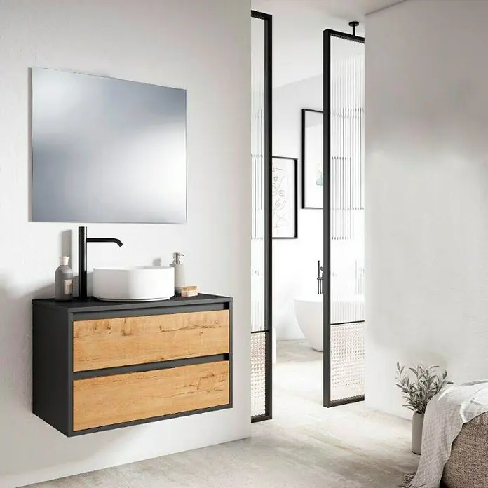 Conjunto de mueble de baño Arlet - Ancho total del mueble de baño: 80 cm, Negro/Nogal, 4 pzs. - Mueble de baño moderno con espejo, lavabo y dos cajones de madera para un diseño de baño elegante.
