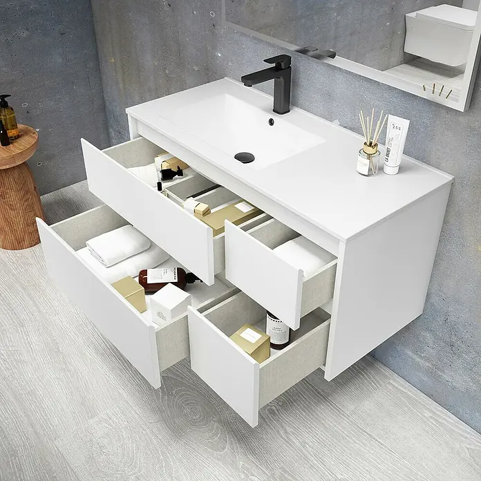 Mueble bajo de lavabo Rose izquierda - An x Pr x Al: 120 x 45 x 50 cm, Blanco - Tocador de baño con sistema de cajones abiertos en blanco, con lavabo y grifo incluidos. Diseño elegante con espacio para productos de higiene personal.