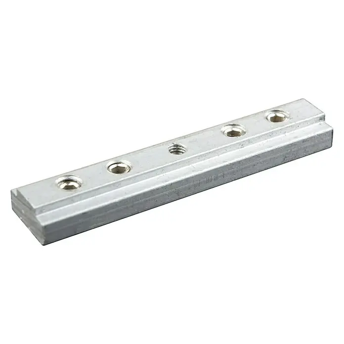 Expo Ambiente Profilverbinder - Weiß, 20 mm - 25 mm - Silberfarbene, rechteckige T-Nut-Verbindungsplatte mit mehreren Schraubenlöchern für lineare Schienen- oder Rahmenverbindungen.