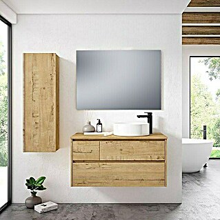 Conjunto de mueble de baño Emma derecha y armario (100 cm, Nogal, Efecto madera)