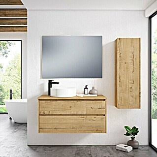 Conjunto de mueble de baño Emma izquierda y armario (120 cm, Nogal, Efecto madera)