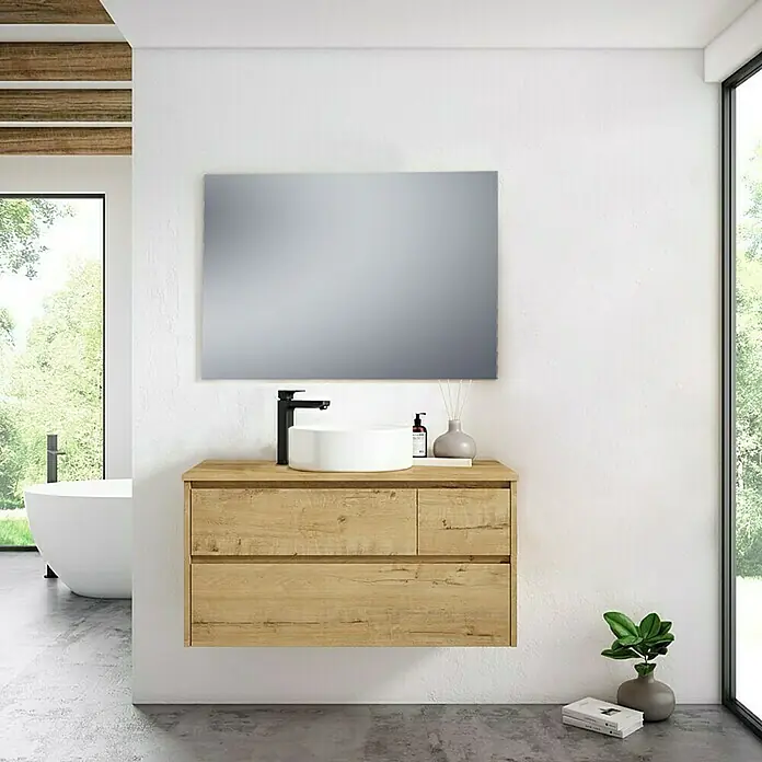 Conjunto de mueble de baño Emma - Ancho: 100 cm, Nogal, 4 pzs., Seno en el centro - Baño moderno con tocador de madera, lavabo sobre encimera y espejo. Diseño elegante para un espacio de baño contemporáneo.
