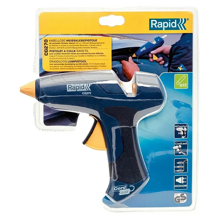 Rapid Pistola termoencoladora CG270 - 25 W, Diámetro cartucho de cola: 12 mm - Kit de pistola de pegamento termofusible inalámbrica Rapid CG270, perfecta para un encolado rápido y flexible, con agarre suave.