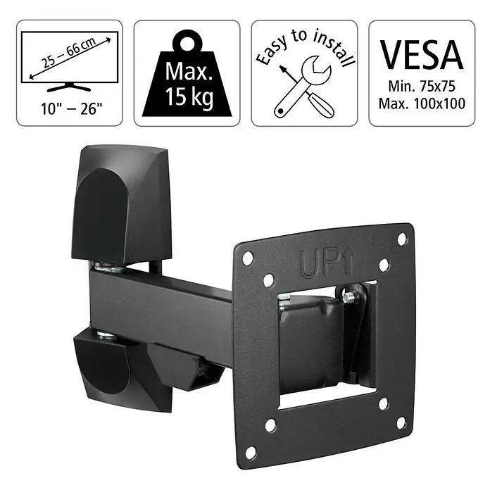 Hama TV-Wandhalterung schwenkbar - Passend für: Bildschirmdiagonale 10 - 26″, 81 - 213 cm, Belastbarkeit: 25 kg, Wandabstand: 5,6 cm - 22,2 cm - Nahaufnahme einer schwarzen, schwenkbaren TV-Wandhalterung mit Montageplatte und den Spezifikationen für Bildschirmgröße und Gewicht.