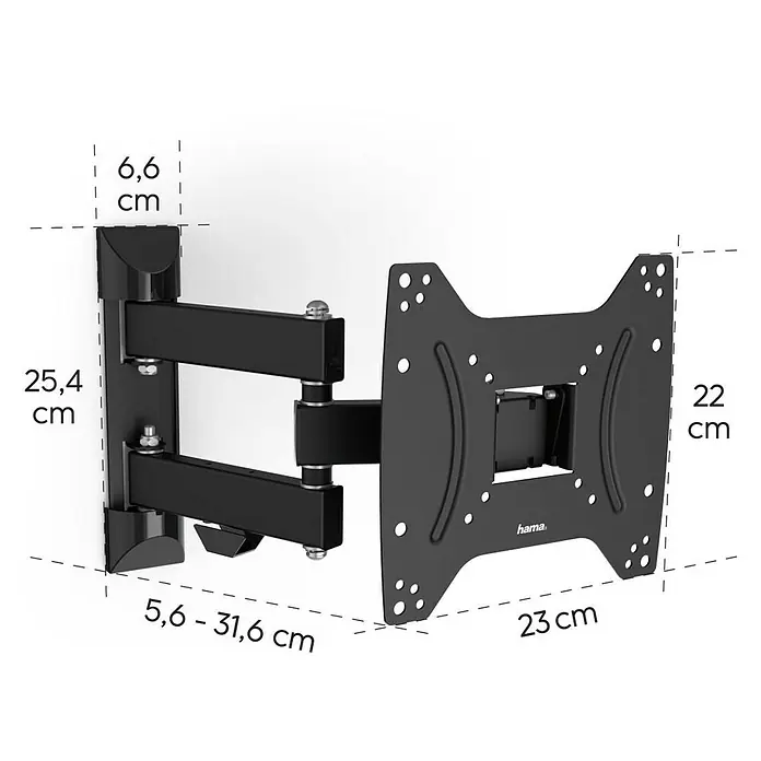 Hama TV-Wandhalterung schwenkbar - Passend für: Bildschirmdiagonale 19 - 48″, 48 - 122 cm, Belastbarkeit: 20 kg, Wandabstand: 5,6 cm - 31,6 cm - Abbildung einer Hama TV-Wandhalterung mit Schwenkarm und den zugehörigen Abmessungen.