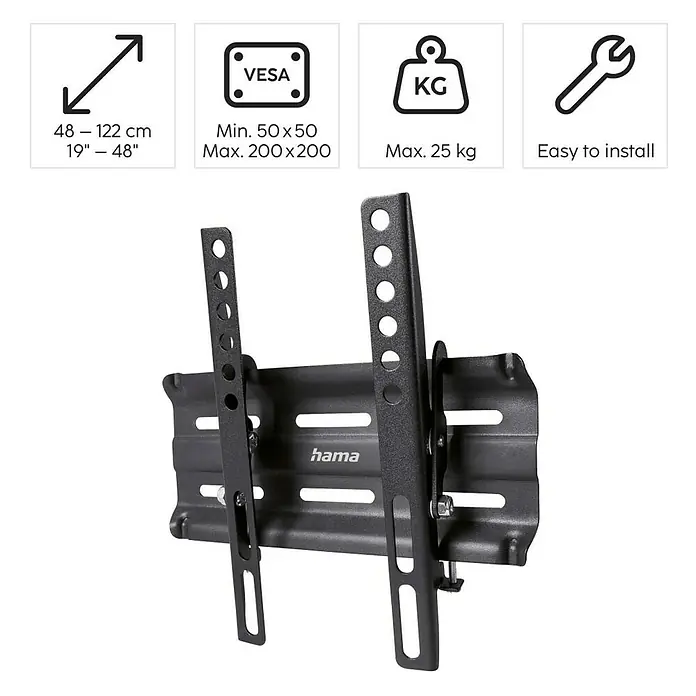 Hama TV-Wandhalterung neigbar - Passend für: Bildschirmdiagonale 19 - 48″, Belastbarkeit: 25 kg, Wandabstand: 2,9 cm - Abgebildete TV-Wandhalterung von Hama, geeignet für Bildschirme von 48–122 cm (19–48 Zoll) und VESA-Normen von 50x50 bis 200x200, max. 25kg.