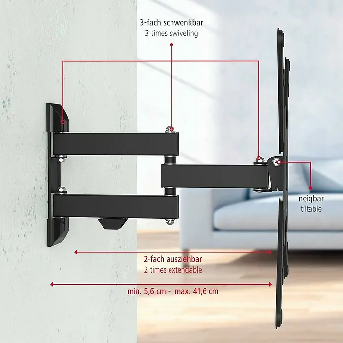 Hama TV-Wandhalterung schwenkbar - Passend für: Bildschirmdiagonale 32 - 65″, 81 - 165 cm, Belastbarkeit: 25 kg, Wandabstand: 5,6 cm - 41,6 cm - Eine schwenkbare TV-Wandhalterung, die 2-fach ausziehbar ist und eine Neigefunktion für optimalen Betrachtungswinkel bietet.