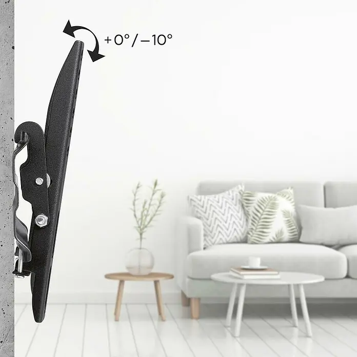 Hama TV-Wandhalterung neigbar - Passend für: Bildschirmdiagonale 19 - 48″, Belastbarkeit: 25 kg, Wandabstand: 2,9 cm - Nahaufnahme einer verstellbaren TV-Wandhalterung in Schwarz, die Neigungen von +0°/-10° ermöglicht. Im Hintergrund ist ein Wohnzimmer angedeutet.