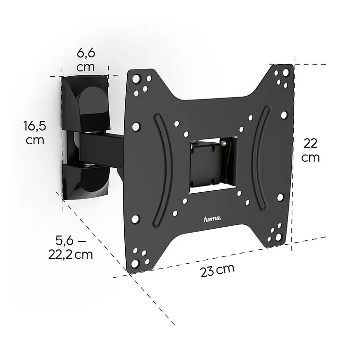 Hama TV-Wandhalterung schwenkbar - Passend für: Bildschirmdiagonale 19 - 48″, 48 - 122 cm, Belastbarkeit: 20 kg, Wandabstand: 5,6 cm - 22,2 cm - Produktbild einer schwenkbaren TV-Wandhalterung von Hama mit Maßangaben. Die Halterung ist schwarz und für verschiedene TV-Größen geeignet.