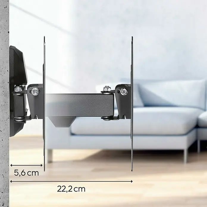 Hama TV-Wandhalterung schwenkbar - Passend für: Bildschirmdiagonale 19 - 48″, 48 - 122 cm, Belastbarkeit: 20 kg, Wandabstand: 5,6 cm - 22,2 cm - Nahaufnahme einer verstellbaren TV-Wandhalterung mit Maßangaben, die ihre Funktionalität und Flexibilität hervorheben.