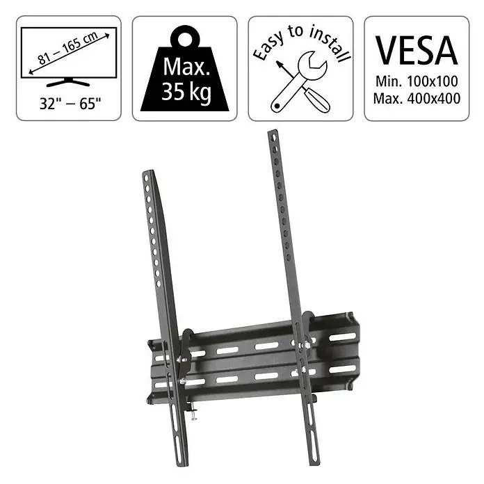 Hama TV-Wandhalterung neigbar - Passend für: Bildschirmdiagonale 32 - 65″, 81 - 165 cm, Belastbarkeit: 35 kg, Wandabstand: 2,8 cm - Nahaufnahme einer TV-Wandhalterung mit den Spezifikationen 32"-65", max. 35 kg und VESA 100x100 bis 400x400 für einfache Installation.