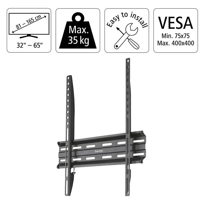 Hama TV-Wandhalterung starr - Passend für: Bildschirmdiagonale 32 - 65″, 81 - 165 cm, Belastbarkeit: 35 kg, Wandabstand: 2,3 cm - Abbildung einer Hama TV-Wandhalterung, geeignet für Bildschirme von 32 bis 65 Zoll und einem maximalen Gewicht von 35 kg.