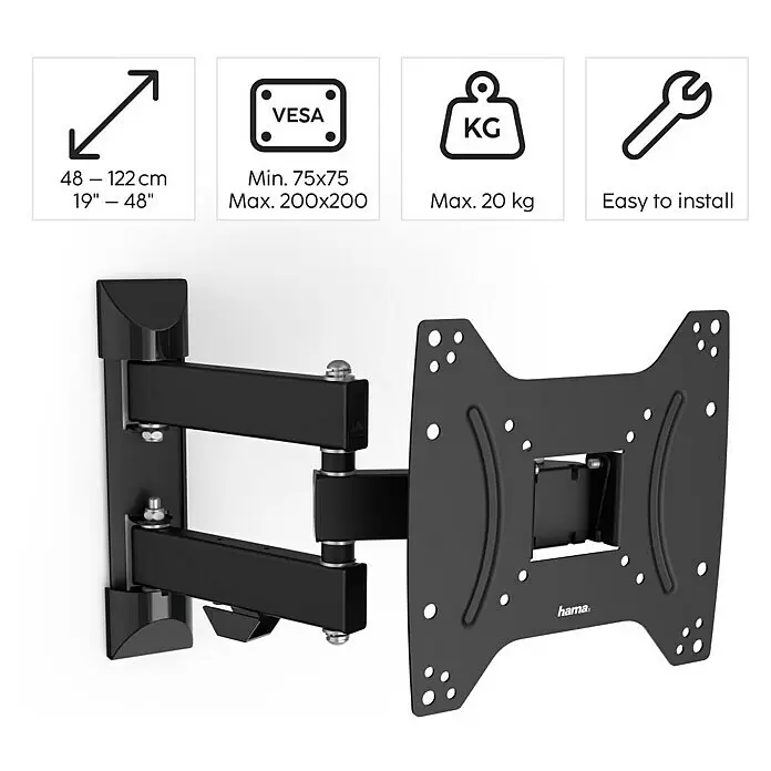 Hama TV-Wandhalterung schwenkbar - Passend für: Bildschirmdiagonale 19 - 48″, 48 - 122 cm, Belastbarkeit: 20 kg, Wandabstand: 5,6 cm - 31,6 cm - Schwarze Wandhalterung aus Metall für TVs mit Schwenkarm, geeignet für Bildschirme bis 48 Zoll und 20 kg.